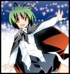  androgynous antennae aqua_eyes bad_id bad_pixiv_id black_border black_shorts blue_eyes border buttons cape collared_shirt dress_shirt eyebrows_visible_through_hair eyes_visible_through_hair green_hair long_sleeves open_mouth puffy_shorts shirt short_hair shorts solo touhou umekichi white_shirt wriggle_nightbug 