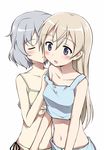  bikini blue_eyes blush brown_hair cheek_kiss closed_eyes couple eila_ilmatar_juutilainen kiss lingerie long_hair multiple_girls navel open_mouth sanya_v_litvyak shinashi_(elside) short_hair side-tie_bikini silver_hair simple_background strap_slip strike_witches swimsuit underwear world_witches_series yuri 