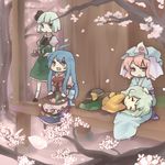  ahoge bad_id bad_pixiv_id blue_eyes blue_hair blush brown_eyes cherry_blossoms closed_eyes cup dress food fruit hairband hat hat_removed headwear_removed hinanawi_tenshi japanese_clothes komeiji_koishi konbu_ame konpaku_youmu long_hair multiple_girls peach petals pink_eyes pink_hair saigyouji_yuyuko short_hair silver_hair skirt sleeping tea touhou tray triangular_headpiece veranda vest yunomi 