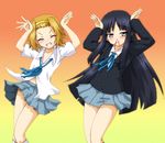  akiyama_mio black_eyes black_hair blood brown_hair caramelldansen closed_eyes dancing hayashiya_zankurou k-on! long_hair multiple_girls navel nosebleed panties school_uniform short_hair striped striped_panties tainaka_ritsu underwear 