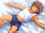  bed_sheet bedsheets blush brown_hair bulge cum cum_on_clothes cum_through_clothes lying male male_focus muscle navel on_back open_mouth set shirt shorts sleeping solo t-shirt thisarmor underwear yaoi 