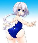  ass bad_id bad_pixiv_id blue_eyes from_behind huge_ass long_hair looking_back me_key_cool! one-piece_swimsuit otomedius outstretched_arms poini_coon ponytail school_swimsuit silver_hair solo spread_arms swimsuit 