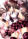  bad_id bad_pixiv_id black_legwear blush bow bra brown_hair checkered checkered_skirt feathers hair_bow himekaidou_hatate lingerie long_hair necktie no_hat no_headwear ooji_cha panties pink_panties polka_dot polka_dot_panties purple_eyes side-tie_panties skirt solo thighhighs touhou twintails underwear untied 