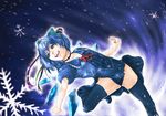  adapted_costume blue_eyes blue_hair blue_legwear choker cirno flying highres open_mouth rikune short_hair smile snowflakes solo thighhighs touhou wings 