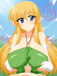  blonde_hair blue_eyes blush breasts cum cum_on_clothes erect_nipples gloves highres large_breasts long_hair paizuri paizuri_under_clothes penis penis_under_clothes pointy_ears smile tiffania_westwood uncensored wedge zero_no_tsukaima 