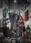  android aqua_hair bag bikini highres junk long_hair messy_room multiple_girls original pipes plastic_bag red_hair robot_joints stairs sukabu swimsuit thighhighs tools trash_bag twintails 