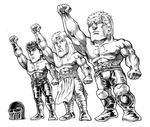  arm_up bandages boots greyscale headband helmet hokuto_no_ken i_don't_have_a_single_regret_in_my_life jagi kenshirou male_focus masayan_(minor-ms) monochrome multiple_boys muscle raou_(hokuto_no_ken) scar toki_(hokuto_no_ken) 