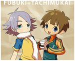  ahoge blue_eyes brown_hair fubuki_shirou gloves inazuma_eleven inazuma_eleven_(series) makino_(c-electro) multiple_boys scarf short_hair tachimukai_yuuki white_hair 