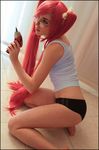  barefoot cosplay drill drillgun glasses highschool_of_the_dead long_hair photo pink_hair real short_shorts shorts takagi_saya 