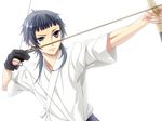 archery arrow artist_request black_hair bow_(weapon) closed_mouth drawing_bow expressionless game_cg holding holding_arrow holding_bow_(weapon) holding_weapon kinose_azusa looking_at_viewer male_focus partially_translated simple_background solo starry_sky_(game) translation_request weapon white_background 