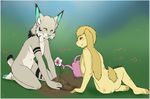  ajna azalea couple eye_contact feline female flower lagomorph looking_at_each_other lynx mammal nude rabbit red_eyes 