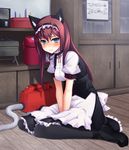  3: animal_ears apron black_legwear blue_eyes blush cat_ears choker embarrassed frown kou_(garakuta_teikoku) long_hair looking_at_viewer maid maid_headdress makise_kurisu pantyhose puffy_short_sleeves puffy_sleeves red_hair short_sleeves sitting solo steins;gate tsurime v_arms vacuum_cleaner wariza 