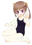  barefoot brown_hair feet flat_chest full_body hands meito_(maze) one-piece_swimsuit original purple_eyes ribbon school_swimsuit short_hair sitting solo swimsuit twintails v 