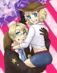  1girl ahoge america_(hetalia) axis_powers_hetalia badge blonde_hair blue_eyes cowboy cowboy_hat dual_persona front-tie_top genderswap genderswap_(mtf) glasses gloves gun hair_ornament hairclip hat jacket kamenohayasade md5_mismatch necktie sleeves_rolled_up weapon western 