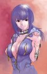  bracelet breasts center_opening cleavage collar full-length_zipper highres jewelry large_breasts long_hair nipples no_bra original ponytail purple_eyes purple_hair saitani_umetarou skull smile solo spiked_collar spikes upper_body zipper 