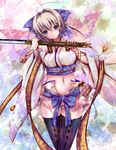  akina_t bad_id bad_pixiv_id bare_shoulders black_legwear blonde_hair blue_eyes breasts character_request head_tilt highres japanese_clothes large_breasts midriff navel sengoku_taisen short_hair solo sword thighhighs weapon 