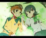  1girl bad_id bad_pixiv_id bow brown_hair endou_mamoru grass green_hair hair_ornament hairclip headband holding_hands inazuma_eleven inazuma_eleven_(series) kino_aki lying on_back ribbon short_hair yuzuha_(artist) 