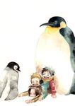  bird chikama_(minka) child earmuffs happy male_focus monkey_d_luffy multiple_boys one_piece penguin playing portgas_d_ace sabo_(one_piece) scarf winter younger 