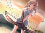  blonde_hair bow_(weapon) brown_eyes cross_channel crossbow dutch_angle game_cg long_hair matsuryuu pleated_skirt rooftop school_uniform skirt solo sunset weapon yamanobe_miki 