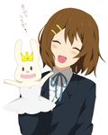  ac_japan arigato_usagi brown_hair bunny closed_eyes face hand_puppet hirasawa_yui k-on! puppet school_uniform short_hair smile solo sumaki_(syukura) 