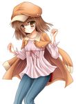  bad_id bad_pixiv_id bakemonogatari blouse brown_eyes brown_hair cabbie_hat denim hat jacket jacket_on_shoulders jeans mizuki_yuuma monogatari_(series) pants sengoku_nadeko short_hair solo 