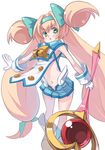 :&lt; bad_id bad_pixiv_id bell blazblue blonde_hair gloves green_eyes heart heart-shaped_pupils long_hair low-tied_long_hair mofu muchourin navel platinum_the_trinity quad_tails ribbon staff symbol-shaped_pupils two_side_up 