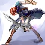  belt boots fire_emblem fire_emblem:_rekka_no_ken fire_emblem_blazing_sword gradient gradient_background lowres male male_focus pants raven_(fire_emblem) red_eyes red_hair shield short_hair solo sword weapon 