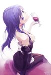  alcohol bare_shoulders blue_eyes blue_hair breasts cleavage collar dream_c_club dream_c_club_(series) elbow_gloves from_above gloves kawa_akira long_hair looking_back medium_breasts pantyhose reika_(dream_c_club) sitting solo wind wine 