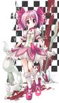  bad_id bad_pixiv_id blood blood_stain blush bow bubble_skirt checkered checkered_background choker gloves gun hair_bow hair_ribbon highres jewelry kaname_madoka kneehighs kyubey magical_girl mahou_shoujo_madoka_magica mima_chi pendant pink_hair polearm puffy_sleeves purple_eyes red_choker ribbon rifle shield shoes short_hair short_twintails skirt spear sword tail tail_grab tears twintails violence weapon white_gloves white_legwear 
