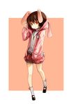  alternate_costume animal_ears brown_hair bunny_ears carrot carrot_necklace contemporary hand_in_pocket hood hoodie inaba_tewi jewelry mary_janes necklace pendant pink red_eyes shoes short_hair socks solo touhou zhao_shuwen 
