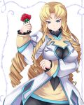  black_legwear blonde_hair blue_eyes breasts drill_hair flower large_breasts marguerite_pistail pantyhose rose solo super_robot_wars super_robot_wars_z2 tom_(tominaga8901) uniform 