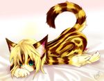  ambiguous_gender blonde_hair blush cat claws curled_tail cute ear_tufts feline green_eyes hair looking_at_viewer lying nude raised_tail solo stripes tail tetetor-oort whiskers 田代憂 