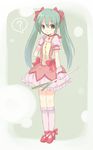  aqua_eyes aqua_hair bad_id bad_pixiv_id bow bubble_skirt choker cosplay dress gloves hair_bow hatsune_miku kaname_madoka kaname_madoka_(cosplay) kneehighs magical_girl mahou_shoujo_madoka_magica muikou_(moeko0903) puffy_sleeves red_choker shoes skirt solo spring_onion twintails vocaloid 