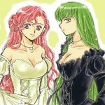  2girls bare_shoulders black_dress breasts bun c.c. cc cleavage code_geass double_bun dress euphemia_li_britannia female green_hair hair_bun jewelry long_hair lowres multiple_girls necklace pearl pink_hair princess purple_eyes serious smile wavy_hair white_dress yellow_eyes 