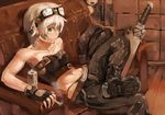  alcohol armpits bad_id bad_pixiv_id bare_shoulders beer belt blonde_hair boots buckle can cigarette coat collarbone couch fingerless_gloves fur_trim gloves goggles green_eyes kureta_(nikogori) midriff original short_hair sitting smile smoke soles solo sword weapon white_hair 