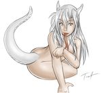  anthro female hair horn horns lady_nora lady_nora_(twokinds) licking long_tongue looking_at_viewer nora nude plain_background playful scalie solo tail tom_fischbach tongue twokinds white_background white_hair 