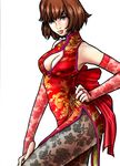  anna_williams artist_request blue_eyes breasts bridal_gauntlets brown_hair china_dress chinese_clothes cleavage cleavage_cutout dress floral_print large_breasts lips pantyhose print_legwear ribbon short_hair solo tekken 