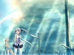  :d aqua_eyes aqua_hair arms_behind_back belt blonde_hair closed_umbrella cloud grass hair_ornament hair_ribbon hairclip hatsune_miku highres kagamine_rin light_rays long_hair multiple_girls namaru_(summer_dandy) necktie open_mouth power_lines rainbow ribbon shorts skirt sky smile sunbeam sunlight thighhighs twintails umbrella very_long_hair vocaloid walking wallpaper water_drop 