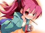  ass blush bow brown_eyes denim denim_shorts flat_chest food hair_bow hand_in_pocket hood hooded_jacket hoodie jacket mahou_shoujo_madoka_magica mouth_hold nanateru pocky ponytail red_hair sakura_kyouko shorts solo 