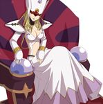  .hack//games 1girl bandai blonde_hair breasts chair cyber_connect_2 dress female hat helba long_hair midriff pixiv_manga_sample shoulder_pads sitting skirt skyemerald solo white_background 