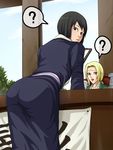  2girls ? ass black_hair blonde_hair desk facial_mark forehead_mark from_behind japanese_clothes leaning_forward lipstick looking_back makeup multiple_girls naruto pantylines shizune_(naruto) short_hair tk tk_(artist) tk_(tk's_level4) tsunade walk-in window 