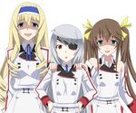  3girls bare_shoulders blonde_hair blue_eyes brown_hair cecilia_alcott drill_hair eyepatch green_eyes hair_ribbon hairband hands_on_hips huang_lingyin infinite_stratos laura_bodewig long_hair multiple_girls open_mouth red_eyes ribbon ribonzu silver_hair twintails uang_lingyin uniform yandere 