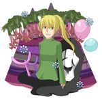  6274 bad_id bad_pixiv_id balloon blonde_hair green_eyes green_shirt poniko shirt smile sweater uboa yume_nikki 