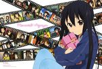  absurdres akiyama_mio black_hair brown_eyes film_strip gift highres hirasawa_yui holding holding_gift horiguchi_yukiko k-on! kotobuki_tsumugi long_hair looking_at_viewer manabe_nodoka nakano_azusa non-web_source pantyhose smile solo tainaka_ritsu takeda_akiyo toyozawa_aya twintails very_long_hair 