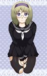  bad_id bad_pixiv_id blonde_hair blue_eyes blush glasses hairband murakami_murako original pantyhose purple_hairband short_hair solo torn_clothes torn_legwear 