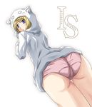  animal_hat ass blonde_hair blush charlotte_dunois from_behind from_below hat infinite_stratos looking_back mister_(black_and_white) panties pink_panties purple_eyes solo thigh_gap underwear 