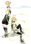  1girl absurdres arm_warmers asasumiboochan bad_id bad_pixiv_id blonde_hair blue_eyes brother_and_sister detached_sleeves hair_ornament hair_ribbon hairclip headphones highres kagamine_len kagamine_len_(append) kagamine_rin kagamine_rin_(append) leg_warmers ribbon short_hair shorts siblings smile twins vocaloid vocaloid_append 