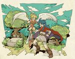  1girl angel_wings armor bad_id bad_pixiv_id bandages blonde_hair blue_eyes blue_hair boots breath_of_fire breath_of_fire_i cape facial_mark forehead_mark gloves green_eyes highres ikko117 knee_boots leotard nina_(breath_of_fire_i) red_leotard ryuu_(breath_of_fire_i) short_hair sword weapon white_wings wings 