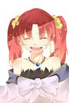  bad_id bad_pixiv_id bare_shoulders blush dissolving earrings flower fractale hair_flower hair_ornament hajime_kaname highres jewelry long_hair necklace nessa open_mouth red_hair smile solo tears twintails 