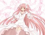 boots dress feathers gloves kaname_madoka light_smile lmo long_hair mahou_shoujo_madoka_magica outstretched_hand pink_hair solo spoilers thigh_boots thighhighs two_side_up ultimate_madoka white_dress white_gloves white_legwear yellow_eyes 